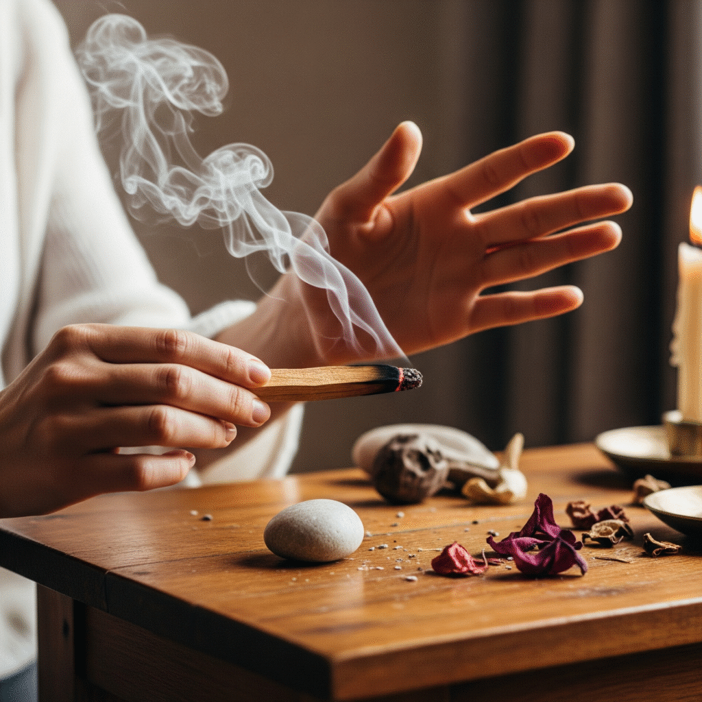 An altar in use including some herbs and some wood burning to give off smoke essence.