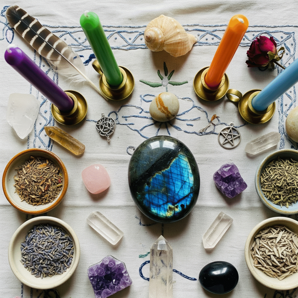 An altar setup with a large gemstone as the central focus. Includes various colors of candles as well as dried herbs.