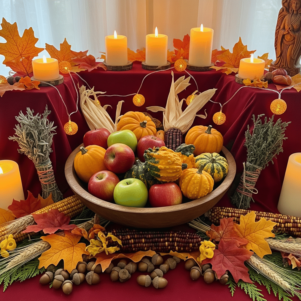 A seasonal altar focusing on fall and the harvest time.