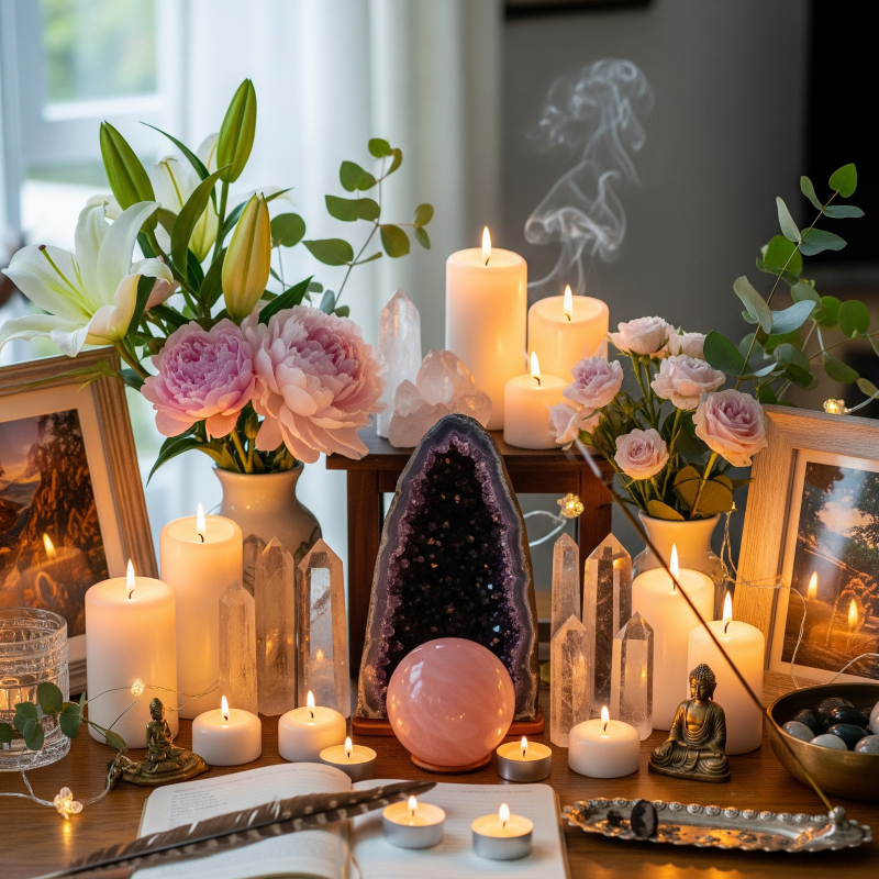 Spiritual altar set up with amethyst and candles. Incense is burning and there are symbols and icons of spirituality around.